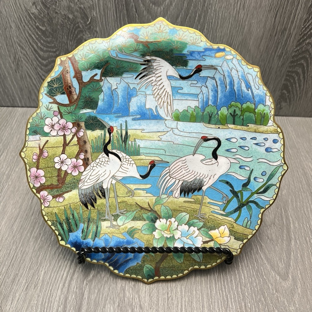 Antique Japanese Japan Cloisonne‎ Cranes Scalloped Plate Decorated Decor